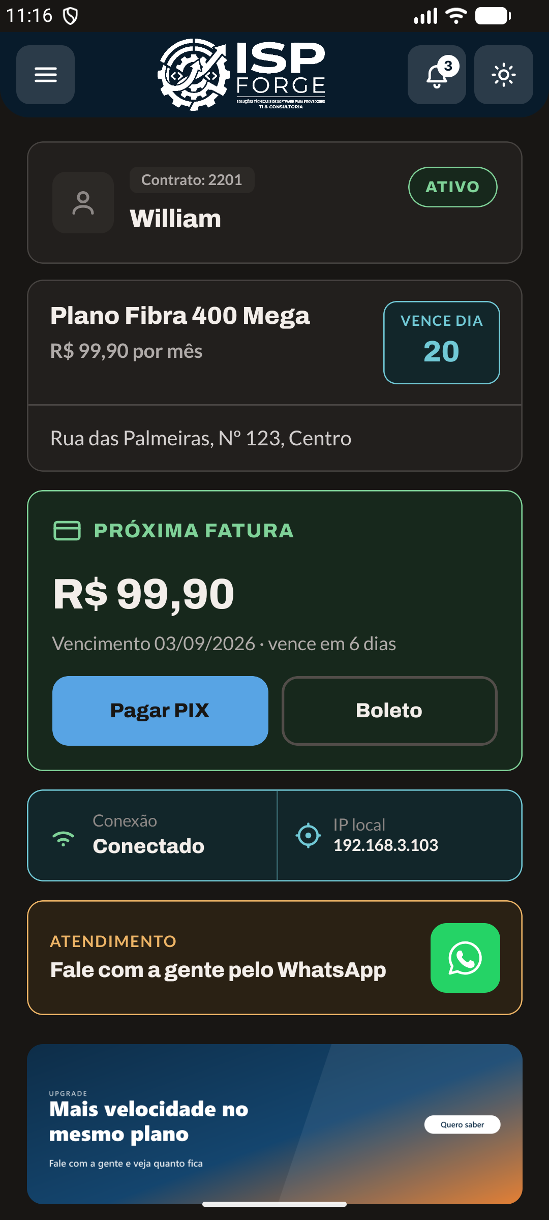 Tela inicial do app (modo escuro)