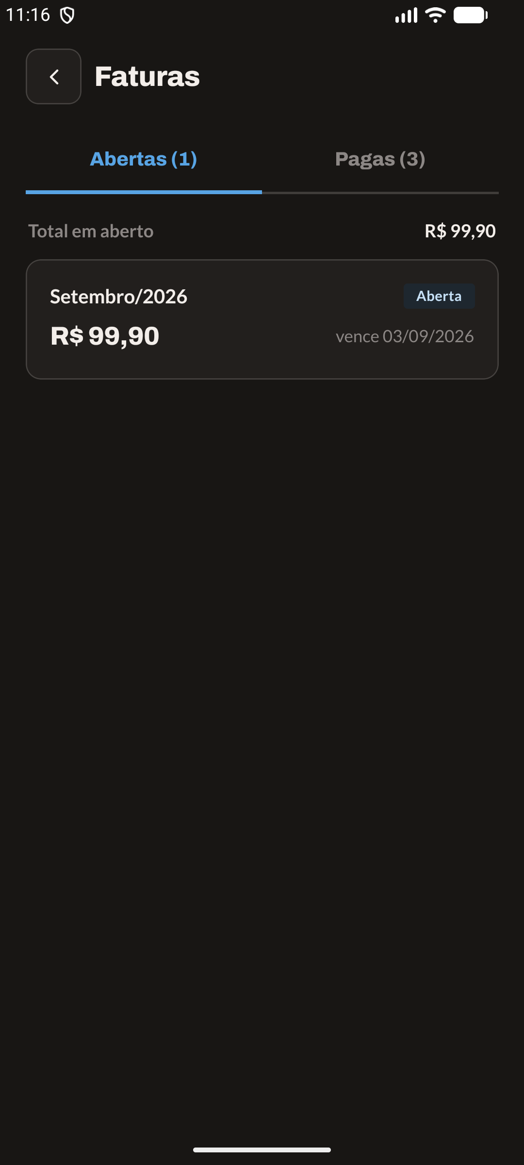 Abertas e pagas, separadas (modo escuro)