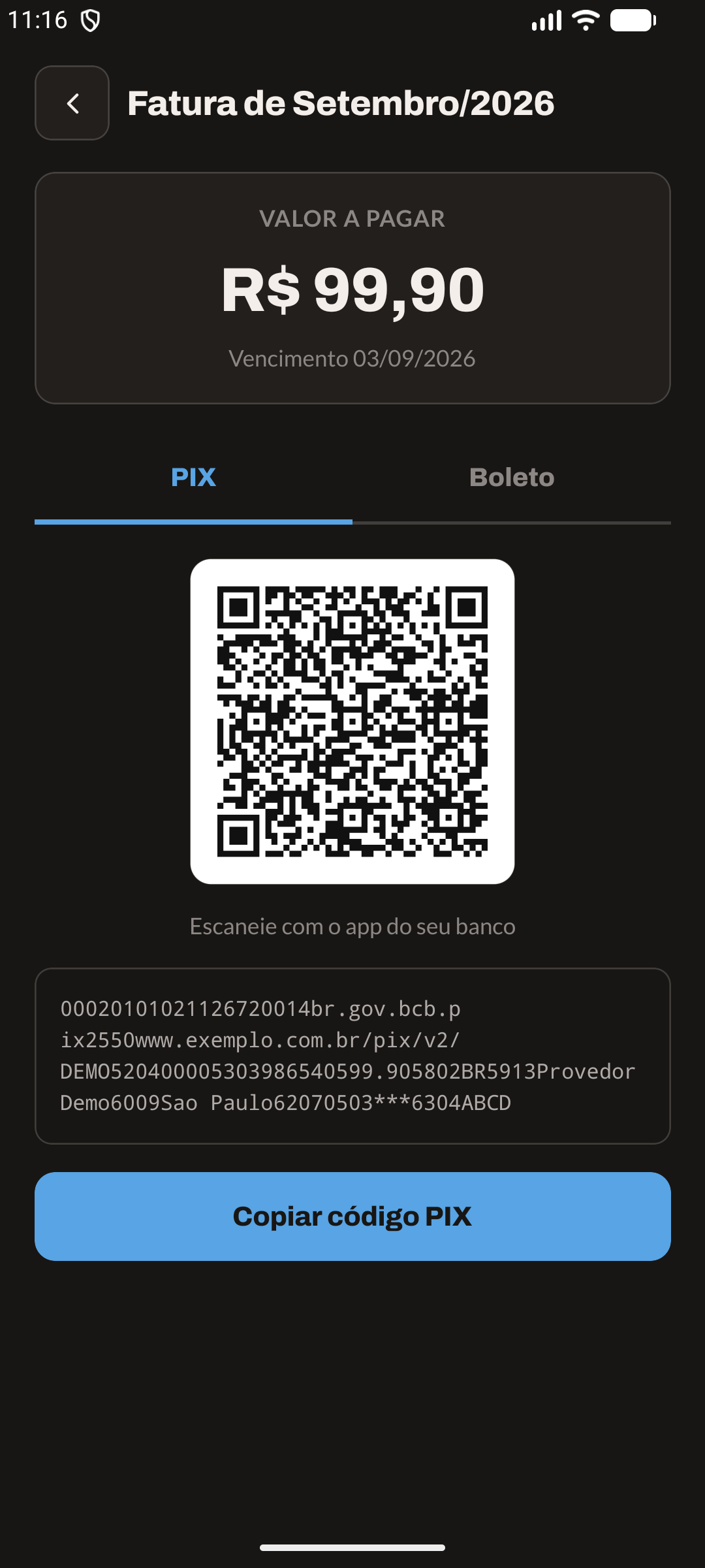 QR e copia-e-cola (modo escuro)