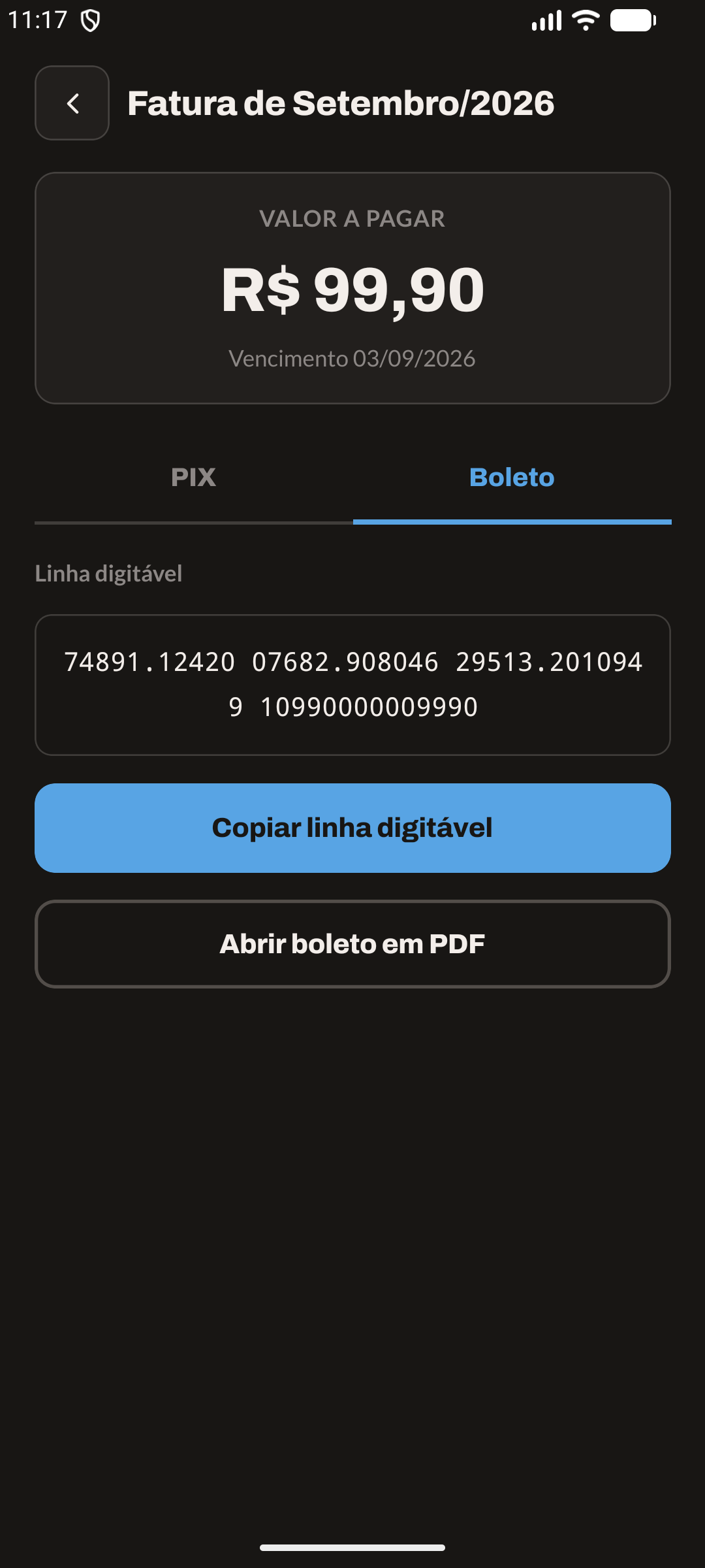 Linha digitável e PDF (modo escuro)
