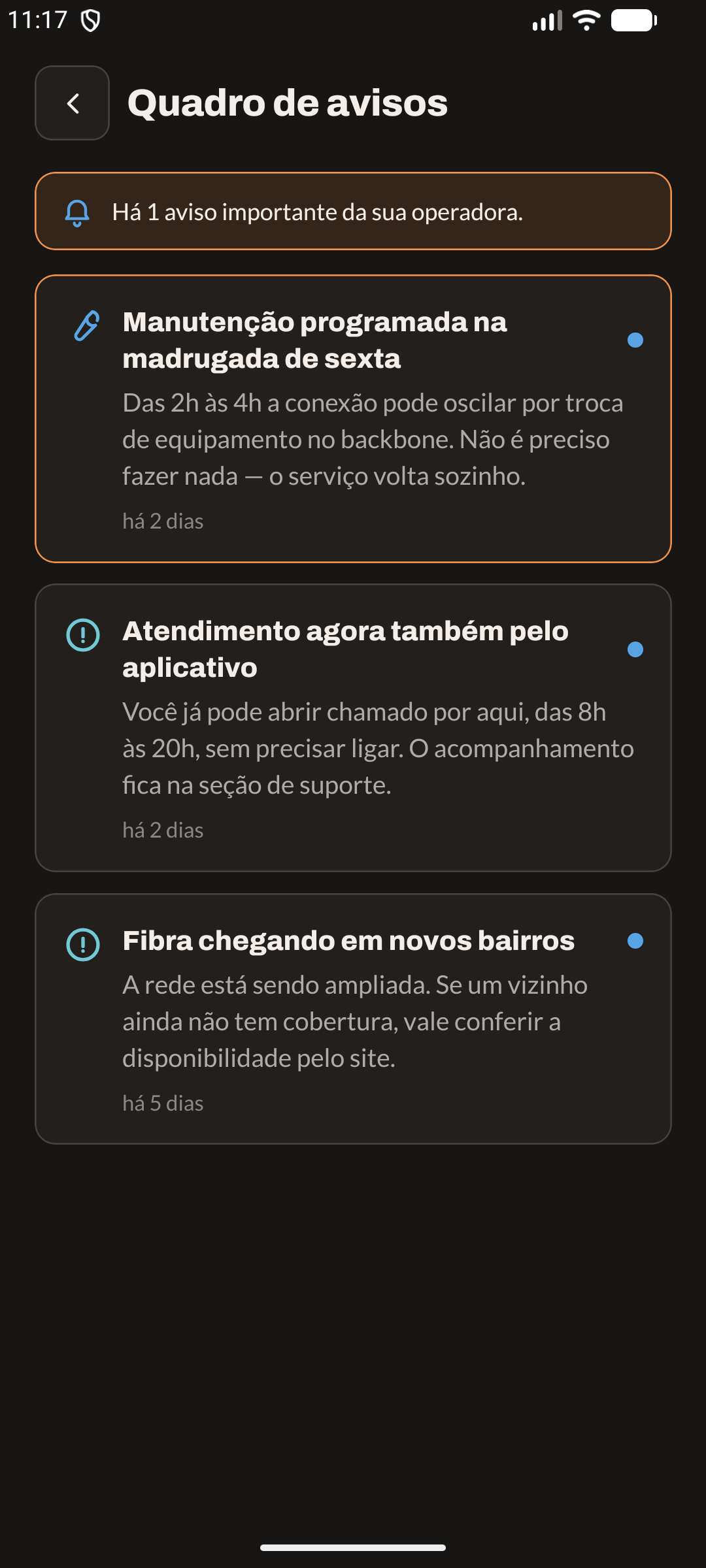 Quadro de avisos (modo escuro)