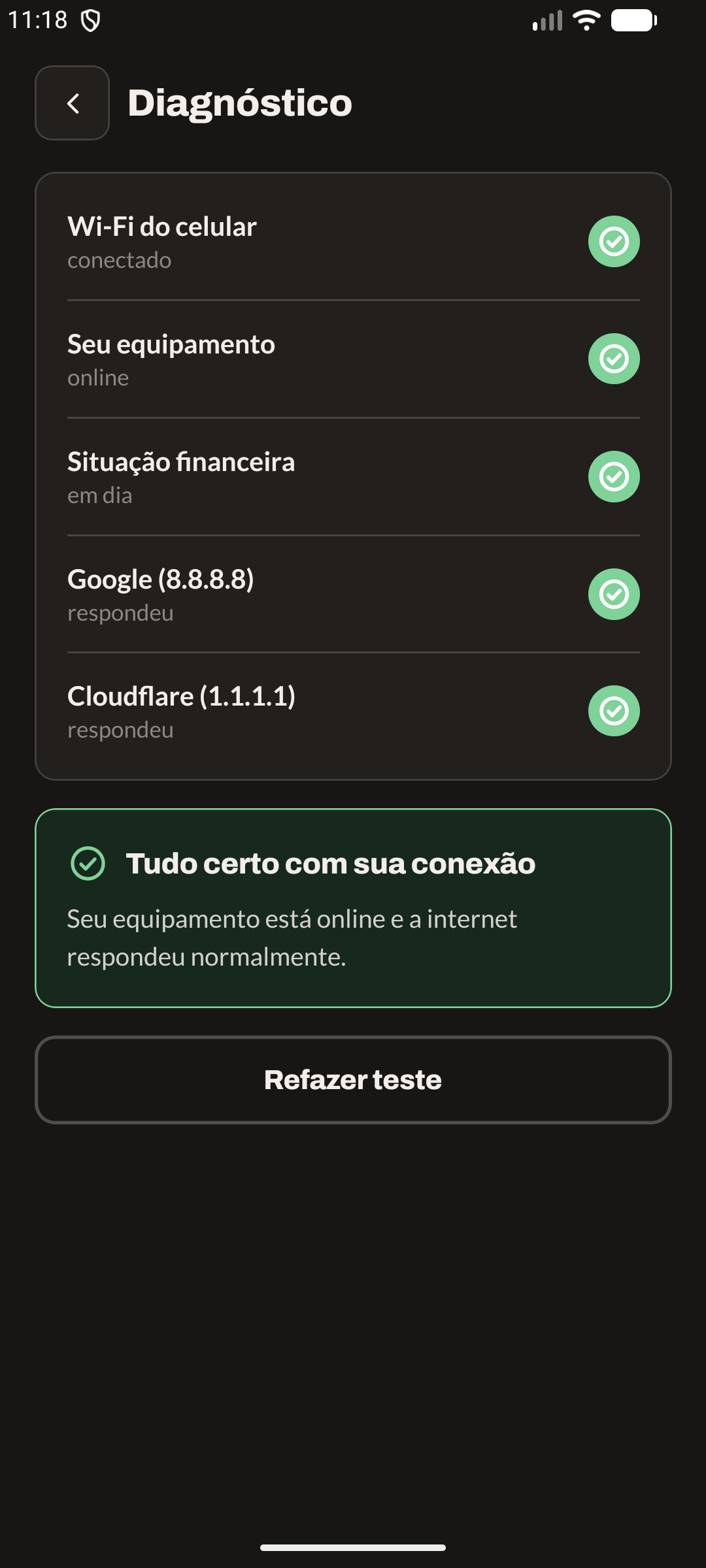 Diagnóstico da conexão (modo escuro)