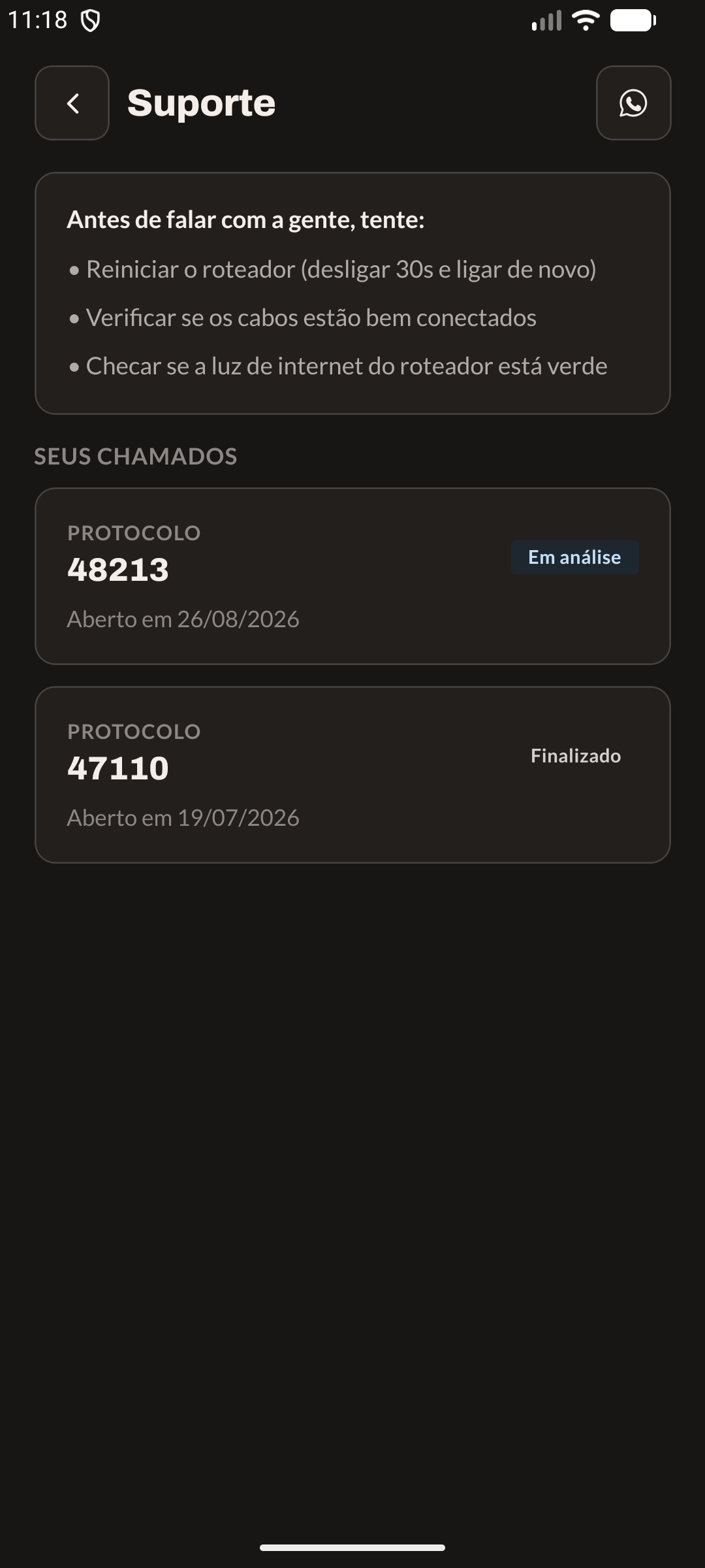 Chamados com protocolo (modo escuro)