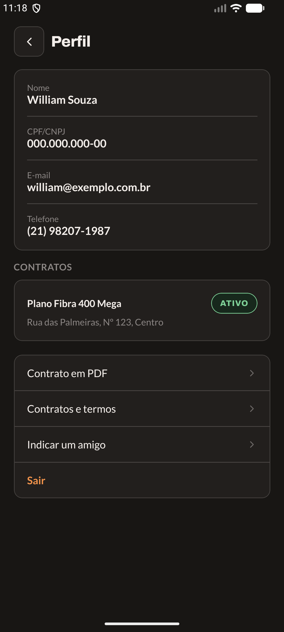 Perfil e documentos (modo escuro)